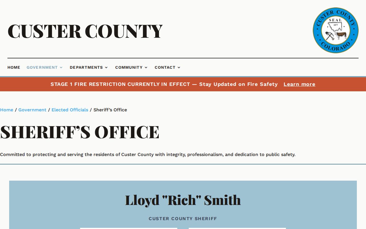 Custer County warrant records sheriff contact page